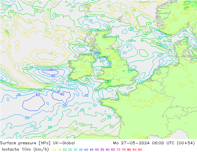 Isotachs (kph) UK-Global Mo 27.05.2024 06 UTC