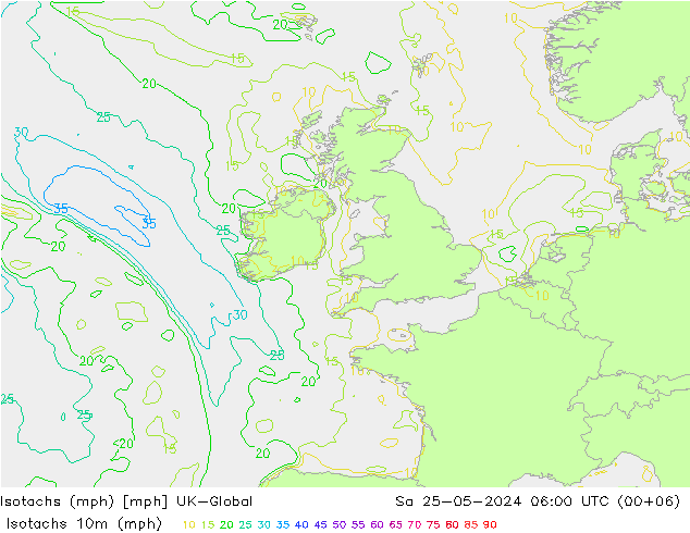 Isotachs (mph) UK-Global сб 25.05.2024 06 UTC