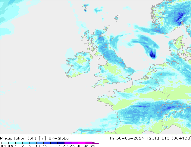 Totale neerslag (6h) UK-Global do 30.05.2024 18 UTC