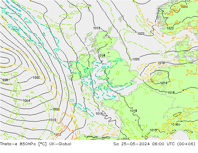 Theta-e 850hPa UK-Global Cts 25.05.2024 06 UTC