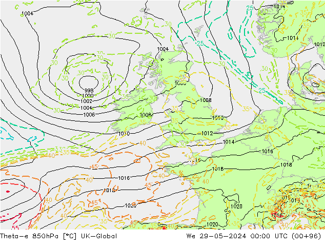 Theta-e 850hPa UK-Global wo 29.05.2024 00 UTC