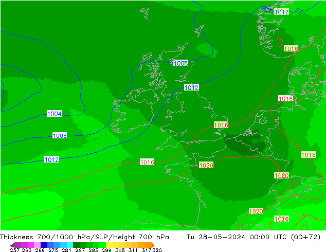 Thck 700-1000 hPa UK-Global mar 28.05.2024 00 UTC