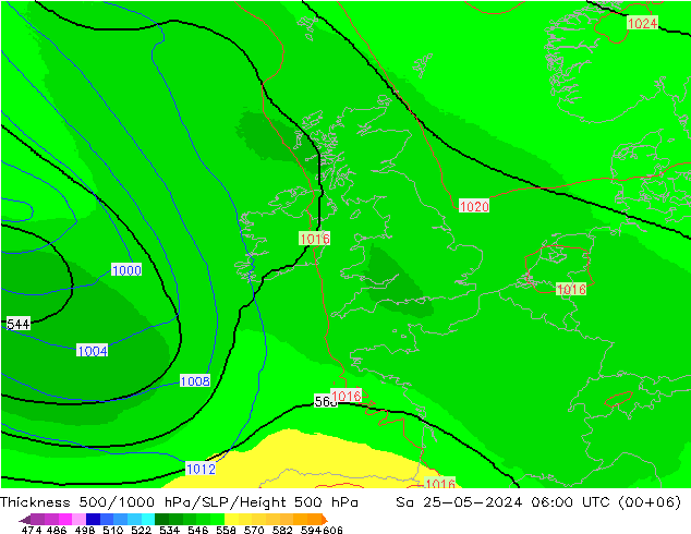 Thck 500-1000гПа UK-Global сб 25.05.2024 06 UTC