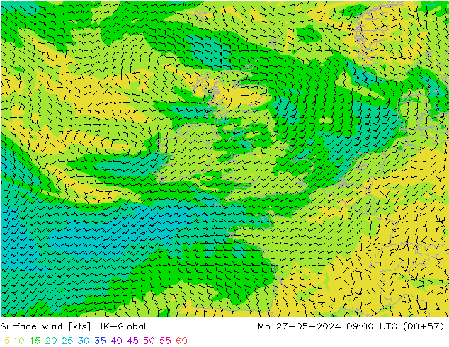 Viento 10 m UK-Global lun 27.05.2024 09 UTC