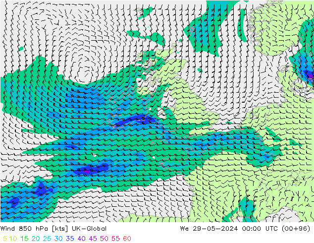 Wind 850 hPa UK-Global wo 29.05.2024 00 UTC