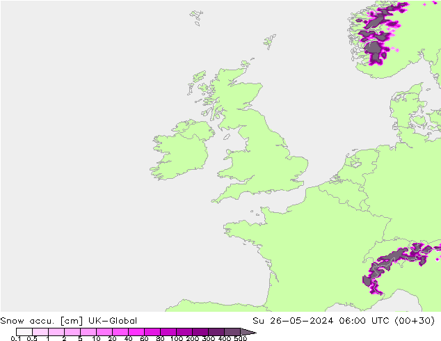 Snow accu. UK-Global Dom 26.05.2024 06 UTC