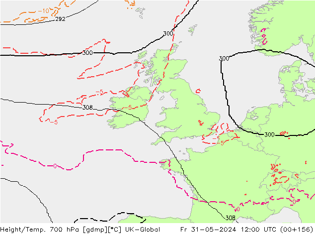 Geop./Temp. 700 hPa UK-Global vie 31.05.2024 12 UTC