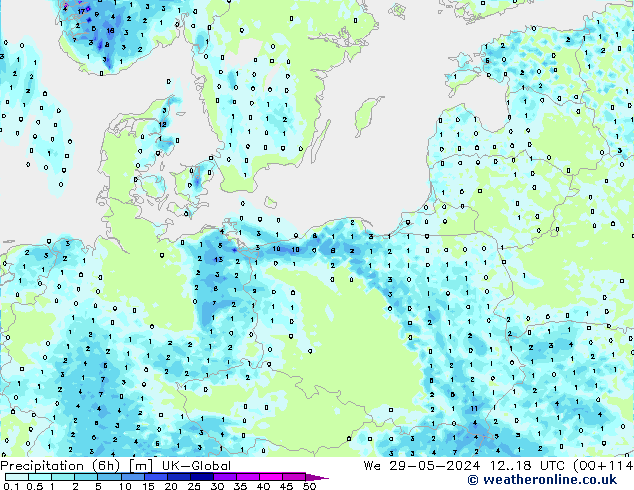 Yağış (6h) UK-Global Çar 29.05.2024 18 UTC