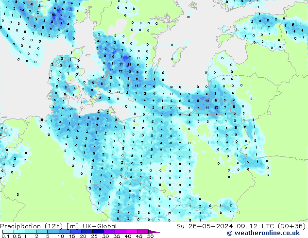 Precipitation (12h) UK-Global Su 26.05.2024 12 UTC