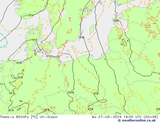 Theta-e 850hPa UK-Global Mo 27.05.2024 18 UTC