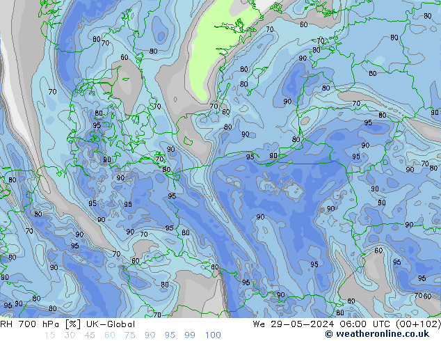 Humedad rel. 700hPa UK-Global mié 29.05.2024 06 UTC