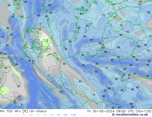 RH 700 гПа UK-Global чт 30.05.2024 06 UTC