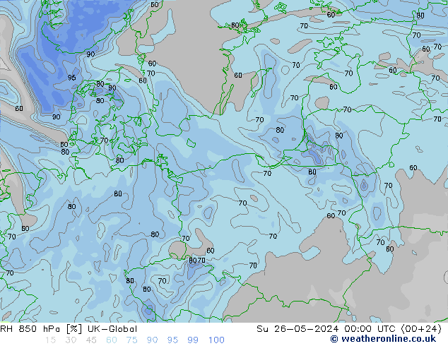 RH 850 hPa UK-Global dom 26.05.2024 00 UTC