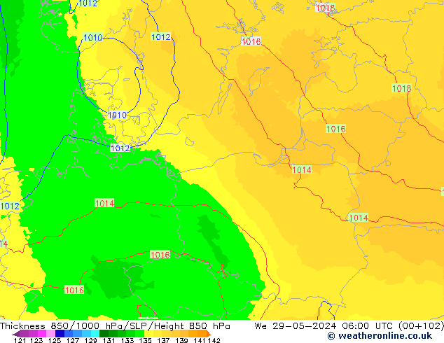 Schichtdicke 850-1000 hPa UK-Global Mi 29.05.2024 06 UTC