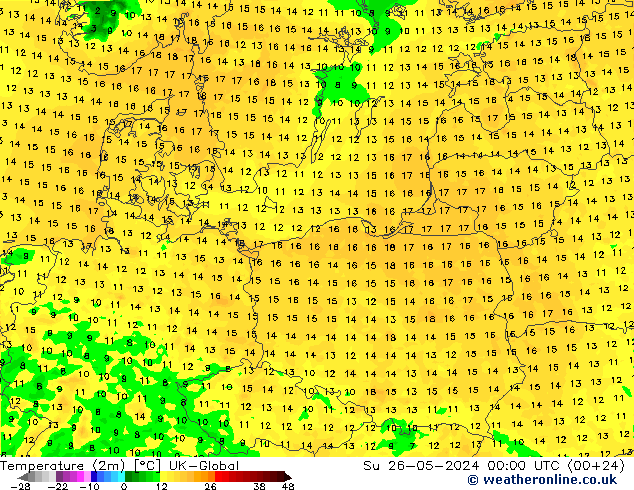 Temperatura (2m) UK-Global dom 26.05.2024 00 UTC