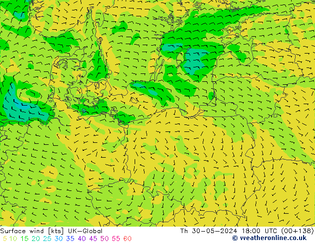 Viento 10 m UK-Global jue 30.05.2024 18 UTC