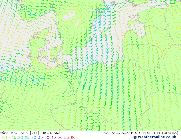 Vento 850 hPa UK-Global sab 25.05.2024 03 UTC