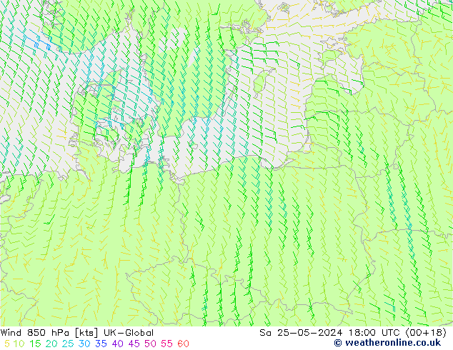 Wind 850 hPa UK-Global So 25.05.2024 18 UTC