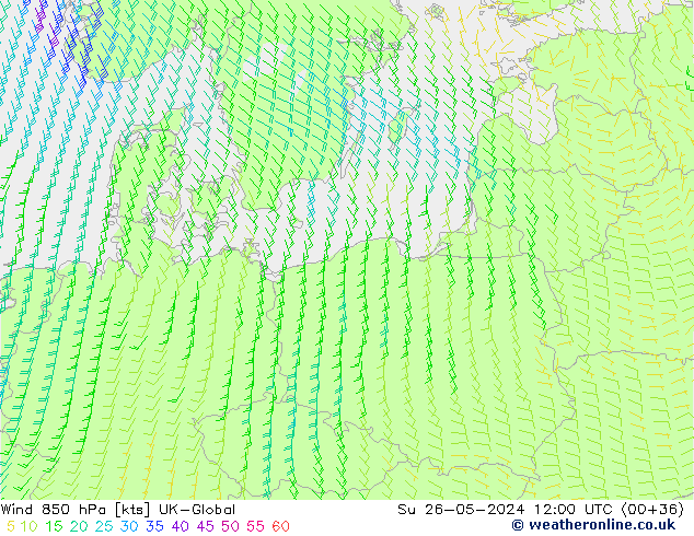 Wind 850 hPa UK-Global Su 26.05.2024 12 UTC