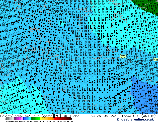 Height/Temp. 500 hPa UK-Global nie. 26.05.2024 18 UTC