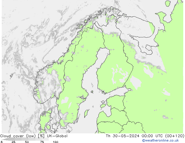 Cloud cover (low) UK-Global Th 30.05.2024 00 UTC