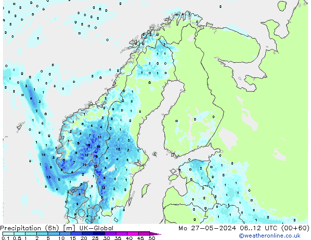 Precipitation (6h) UK-Global Po 27.05.2024 12 UTC