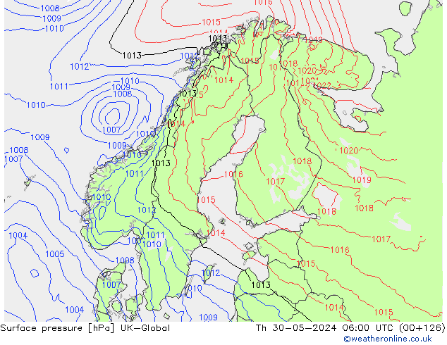 Atmosférický tlak UK-Global Čt 30.05.2024 06 UTC