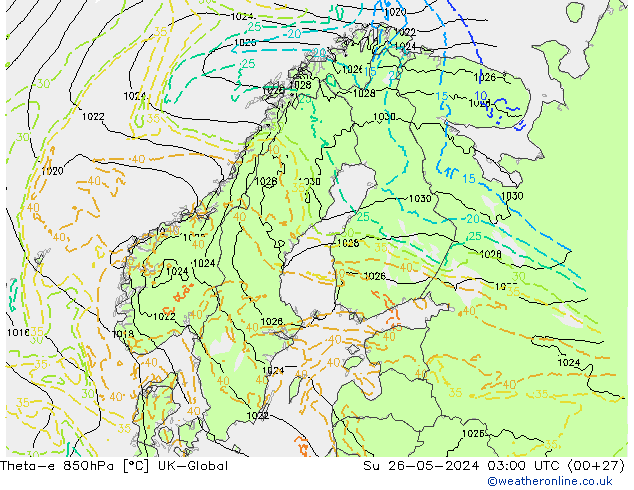 Theta-e 850hPa UK-Global Su 26.05.2024 03 UTC