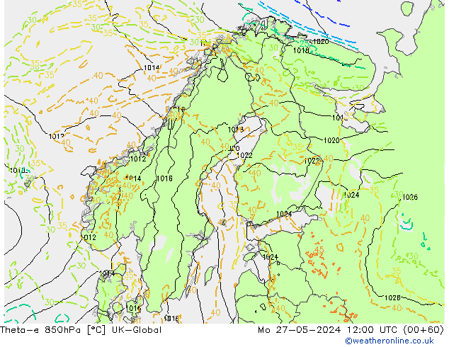 Theta-e 850hPa UK-Global ma 27.05.2024 12 UTC