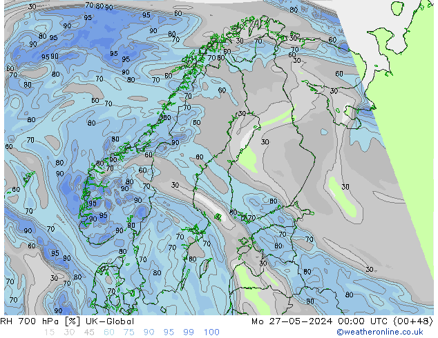 RH 700 hPa UK-Global Mo 27.05.2024 00 UTC