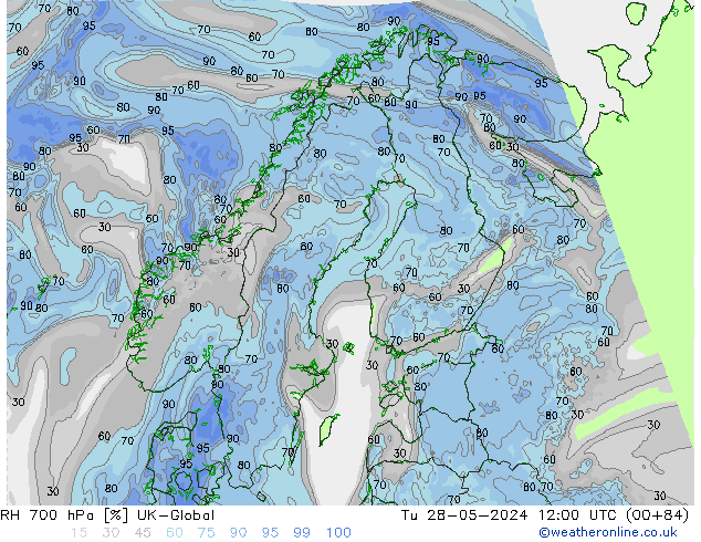 RH 700 гПа UK-Global вт 28.05.2024 12 UTC