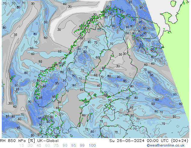 RH 850 hPa UK-Global So 26.05.2024 00 UTC