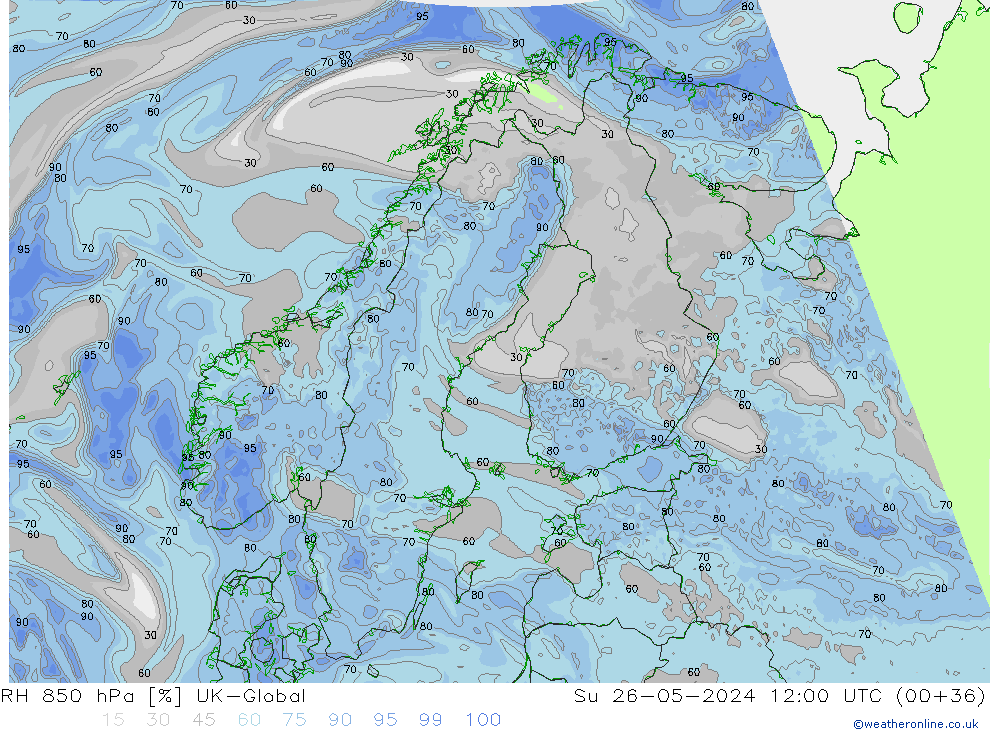 RH 850 hPa UK-Global Su 26.05.2024 12 UTC