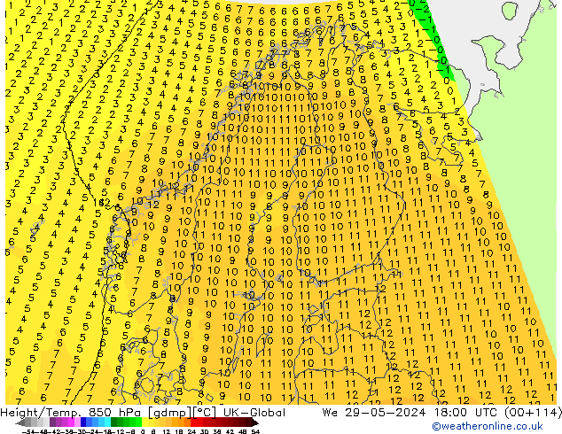 Height/Temp. 850 hPa UK-Global We 29.05.2024 18 UTC