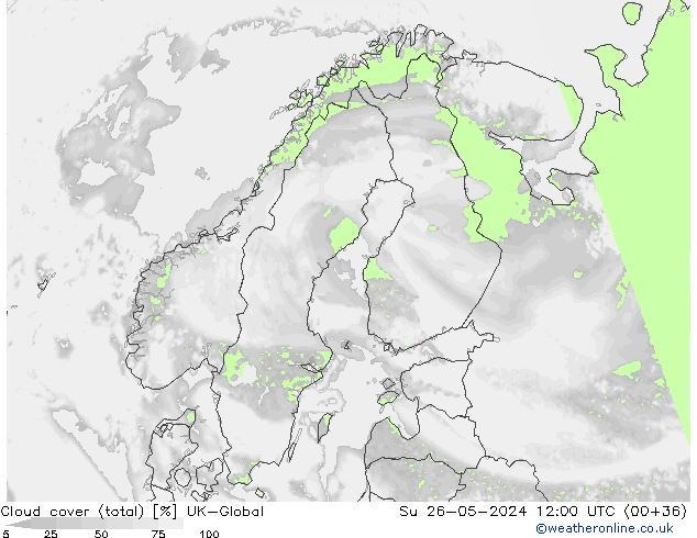 Cloud cover (total) UK-Global Su 26.05.2024 12 UTC