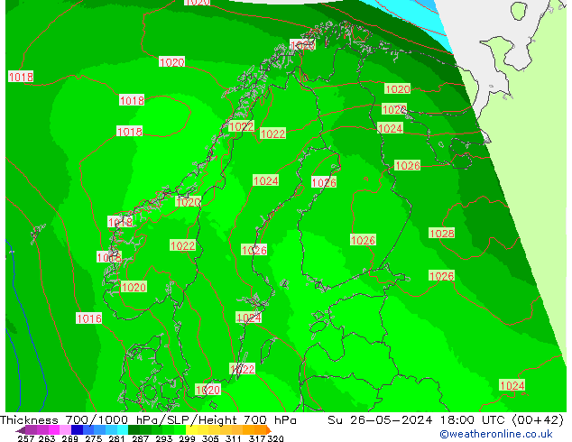 Thck 700-1000 hPa UK-Global dim 26.05.2024 18 UTC