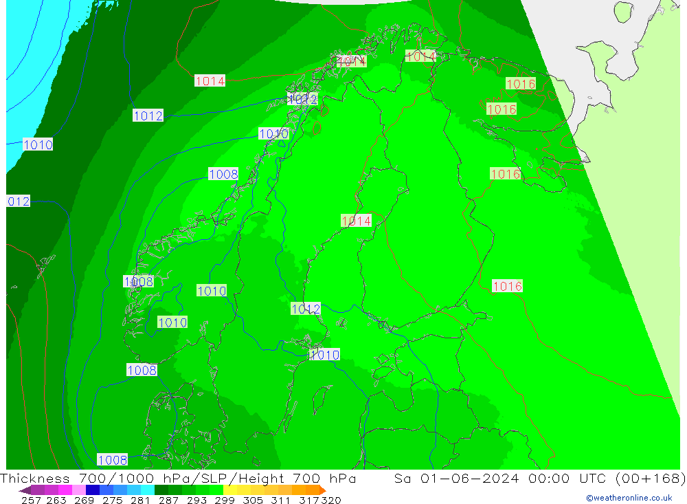 Thck 700-1000 hPa UK-Global Sa 01.06.2024 00 UTC