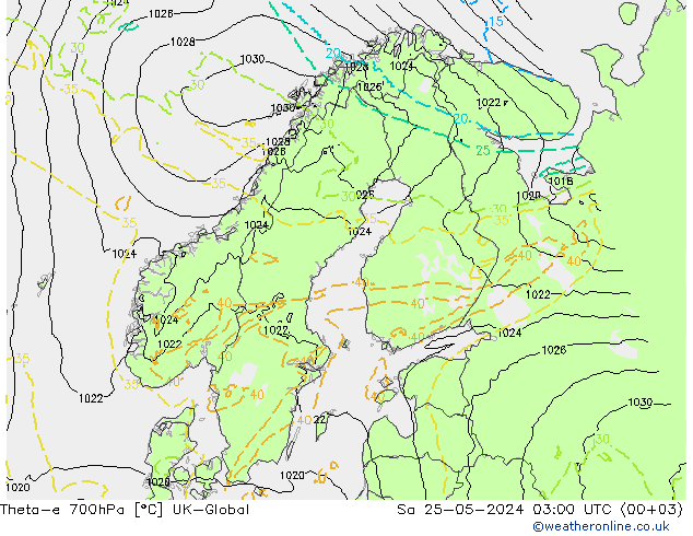 Theta-e 700hPa UK-Global  25.05.2024 03 UTC