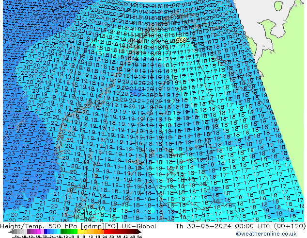 Height/Temp. 500 hPa UK-Global  30.05.2024 00 UTC