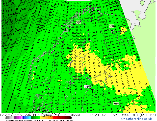 Hoogte/Temp. 700 hPa UK-Global vr 31.05.2024 12 UTC