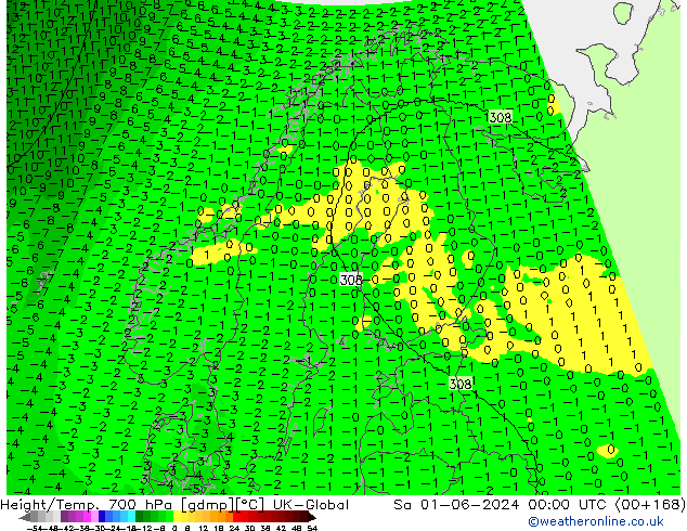 Height/Temp. 700 hPa UK-Global Sa 01.06.2024 00 UTC