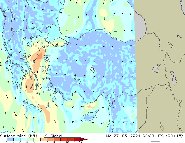 Surface wind (bft) UK-Global Mo 27.05.2024 00 UTC