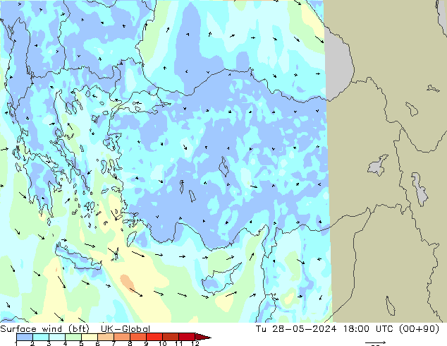 Viento 10 m (bft) UK-Global mar 28.05.2024 18 UTC