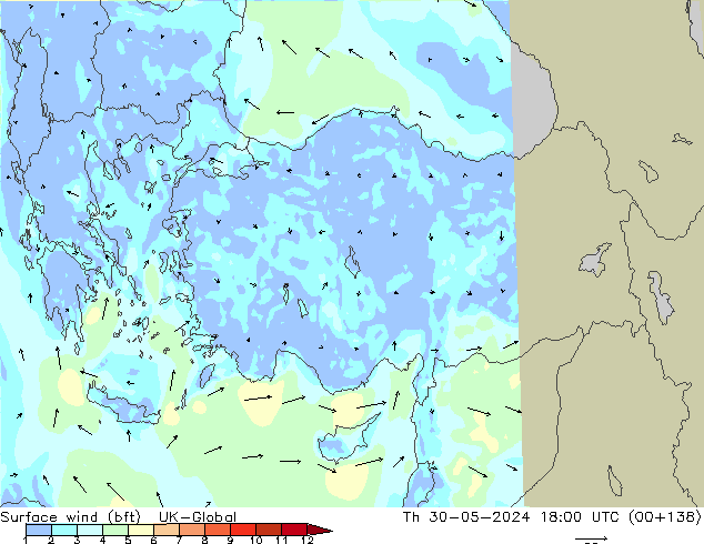 Surface wind (bft) UK-Global Th 30.05.2024 18 UTC