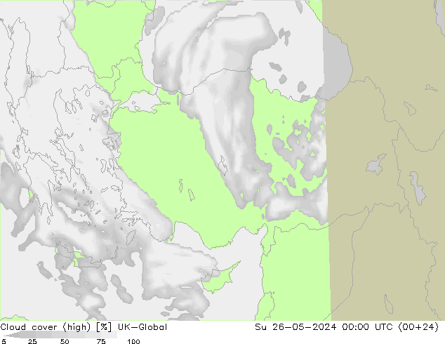 Cloud cover (high) UK-Global Su 26.05.2024 00 UTC