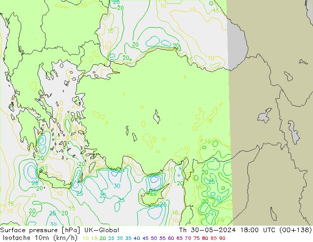 Isotachs (kph) UK-Global Th 30.05.2024 18 UTC