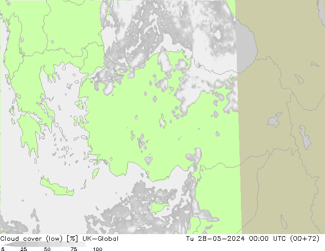 Cloud cover (low) UK-Global Tu 28.05.2024 00 UTC