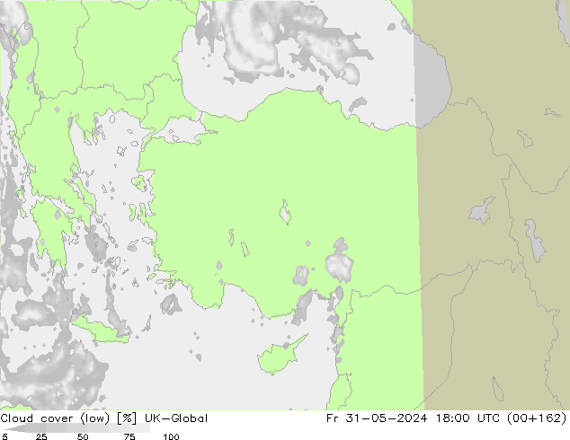 Cloud cover (low) UK-Global Fr 31.05.2024 18 UTC