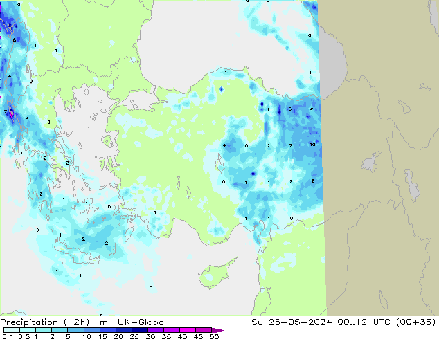 Precipitation (12h) UK-Global Su 26.05.2024 12 UTC