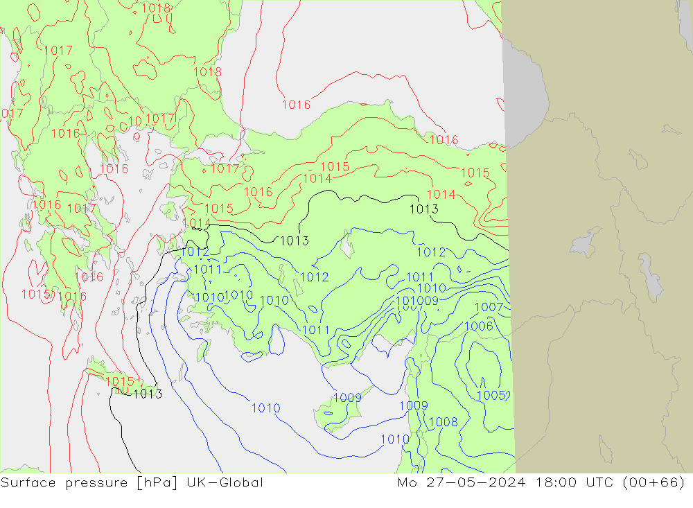 Atmosférický tlak UK-Global Po 27.05.2024 18 UTC